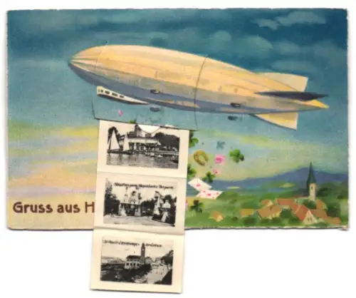 Leporello-AK Hamburg, Zeppelin mit Ansichten von Hauptbahnhof, Jungfernstieg, Deichstrassenfleet, Uhlenhorster Fährhaus