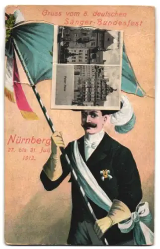 Leporello-AK Nürnberg, 8. Deutsches Sänger-Bundesfest 1912, Bratwurstglöcklein, Nassauerhaus, Peller-Haus, Henkerturm