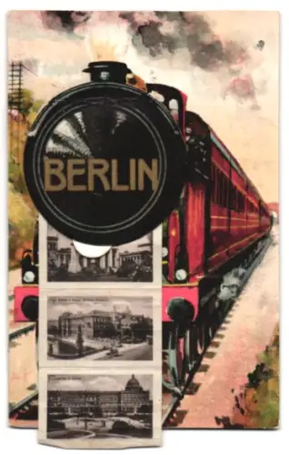 Leporello-AK Berlin, Eisenbahn mit Ansichten von Gendarmenmarkt, Reichstag, Ruhmeshalle, Viktoria Luisenplatz