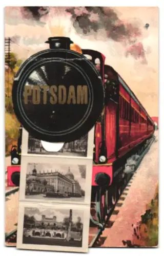 Leporello-AK Potsdam, Eisenbahn mit Ansichten von Stadtschloss, Sanssouci, Orangerie, Windmühle, Am alten Markt