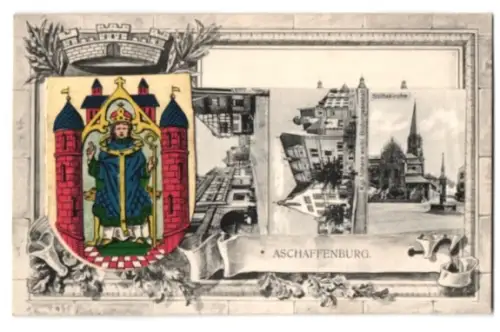 Leporello-AK Aschaffenburg, Wappen mit Ansichten von Luitpoldstrasse, Herstallstrasse, Dalbergstrasse, Pompejanum