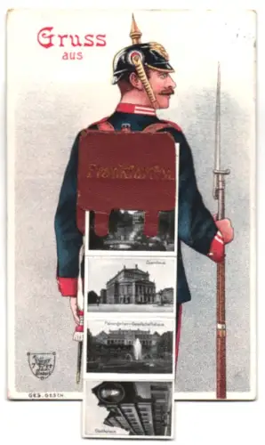 Leporello-AK Frankfurt a. M., Soldat mit Ansichten von Hauptbahnhof, Kaiserstrasse, Römer, Opernhaus, Palmengarten