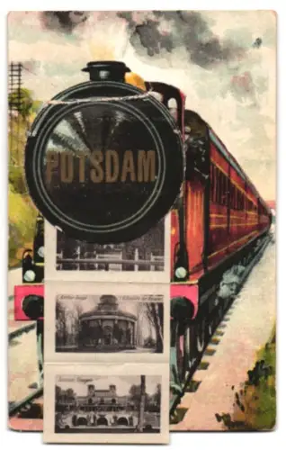 Leporello-AK Potsdam, Eisenbahn mit Ansichten von Stadtschloss, Schloss Sanssouci, Orangerie, Heiliggeistkirche