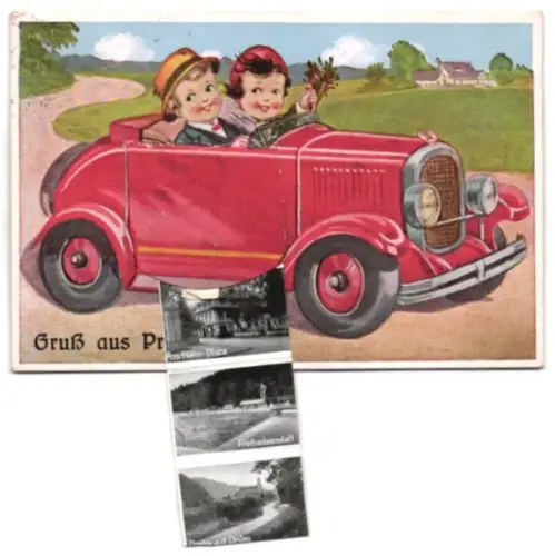 Leporello-AK Prüm i. d. Eifel, Auto mit Ansichten von Platz, Am Hahn-Platz, Freibadeanstalt, Salvatorkirche