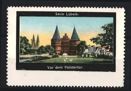 Reklamemarke Lübeck, Vor dem Holstentor, Holstentor und Stadtsilhouette