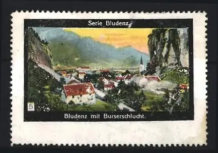 Reklamemarke Bludenz, Bludenz mit Burserschlucht, Gebirgslandschaft