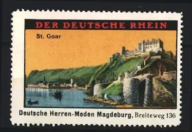 Reklamemarke St. Goar, Der Deutsche Rhein, Burgansicht, Deutsche Herren-Moden Magdeburg