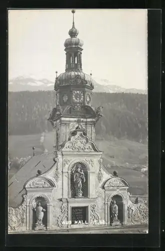 AK Hall i. T., Giebel und Turm der Kirche