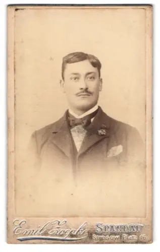 Fotografie Emil Zoepke, Berlin-Spandau, Portrait stattlicher Herr mit Fliege und Schnurrbart