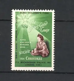 Reklamemarke Blind Childrens Fond, Bible Lands Missions Aid Society, The Year's Good..., Mädchen mit Puppe