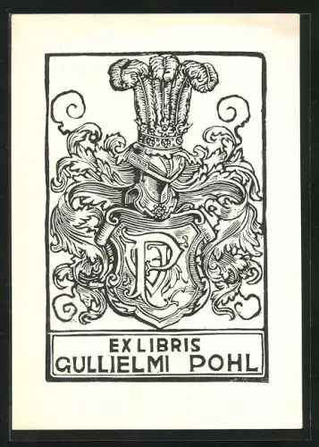 Exlibris Gullielmi Pohl, Ritterhelm mit Wappenschild