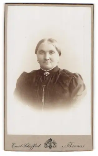 Fotografie Emil Schuffert, Borna, Portrait ältere Dame mit Ohrringen und Kragenbrosche