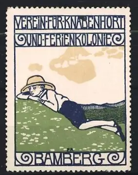 Reklamemarke Bamberg, Verein für Knabenhort und Ferienkolonie, Junge auf Wiese