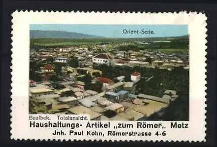 Reklamemarke Baalbek, Totalansicht, Haushaltungs-Artikel zum Römer, Römerstrasse 4-6