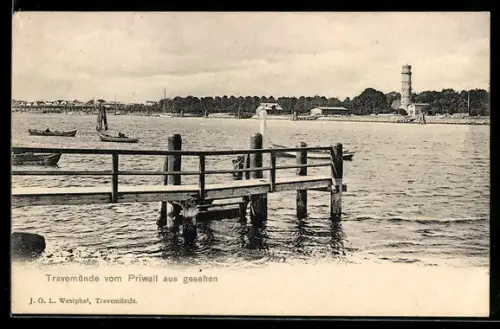 AK Travemünde, Hafen mit Leuchtturm vom Priwall aus gesehen