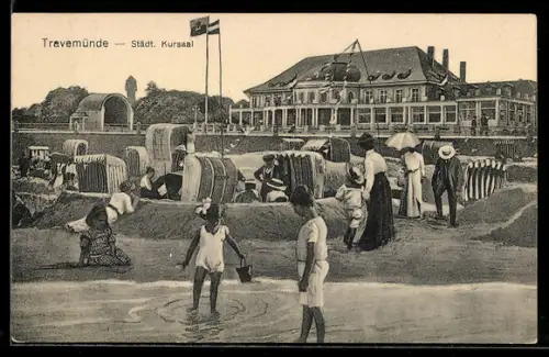 AK Travemünde, belebte Strandszenerie am Cafe Städtischer Kursaal