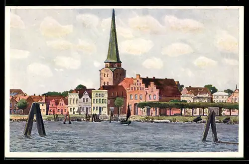 Künstler-AK Travemünde a. d. Ostsee, Blick auf Stadt und Kirche