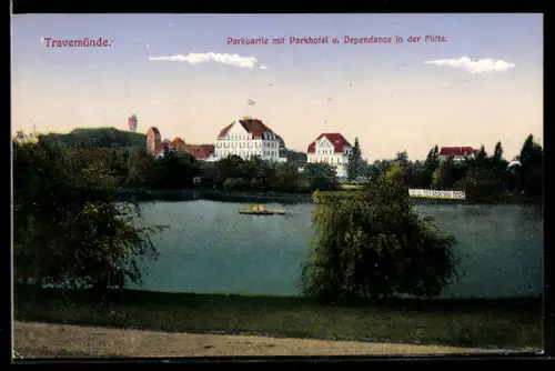 AK Travemünde, Partie im Park mit Parkhotel und Dependance