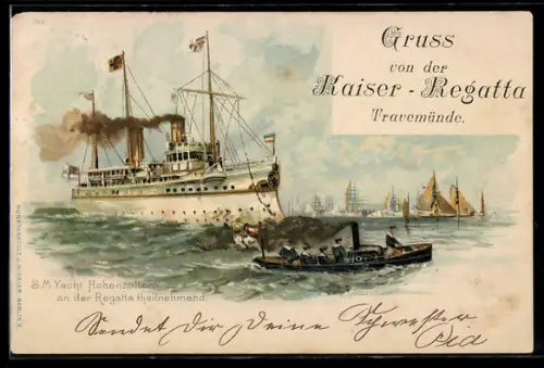 Lithographie S. M. Yacht Hohenzollern an der Regatta teilnehmend