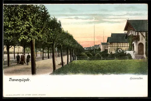 Lithographie Travemünde, Baumgesäumte Promenade, Villen