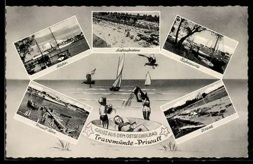 AK Travemünde-Priwall, Strand, Hafen, Priwall-Fähre, Kinder ärgern Mutter, Passepartout