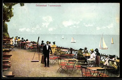 AK Travemünde, Ostseebad, Uferpartie mit Cafe