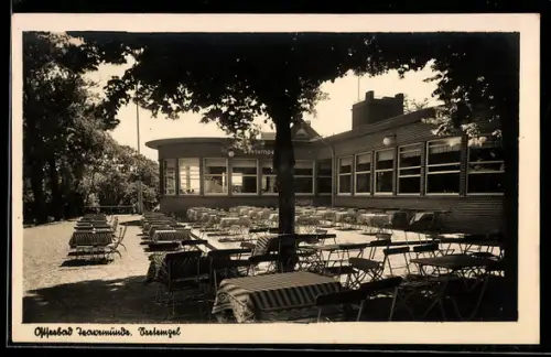 AK Travemünde, Cafe Seetempel, Inh: Karl Schickedanz, Bauhaus-Optik