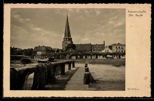 AK Travemünde, Uferpartie an der Altstadt mit Kirche