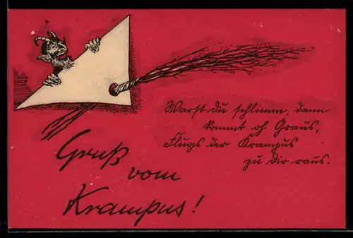 AK Krampus blickt hinter umgeknickter Ecke hervor, durch ein Loch an dieser steckt eine Rute
