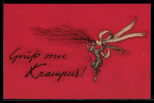 AK Krampus trägt seine Rute, Gruss vom Krampus