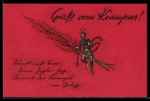AK Krampus überbringt seine Rute, Gruss vom Krampus