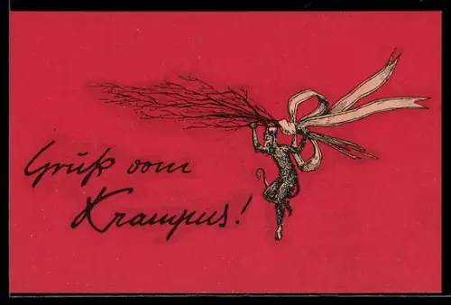 AK Krampus trägt seine Rute zu den unartigen Kindern