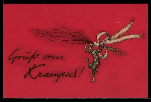 AK Gruss vom Krampus, Krampus mit grosser Rute