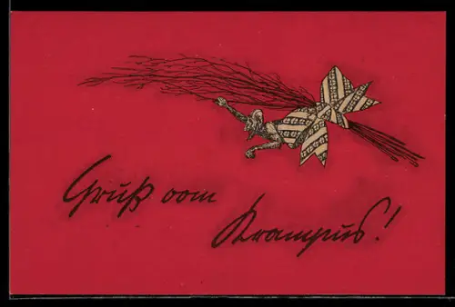 AK Gruss vom Krampus!, Krampus und Rute mit Schleife
