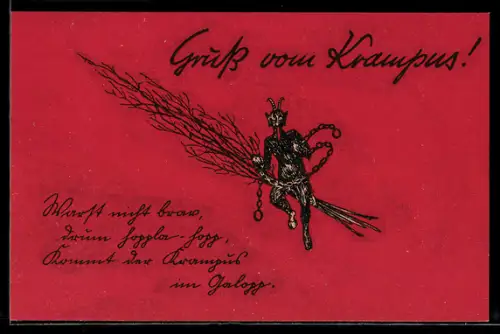 AK Krampus überbringt seine Rute, Gruss vom Krampus!