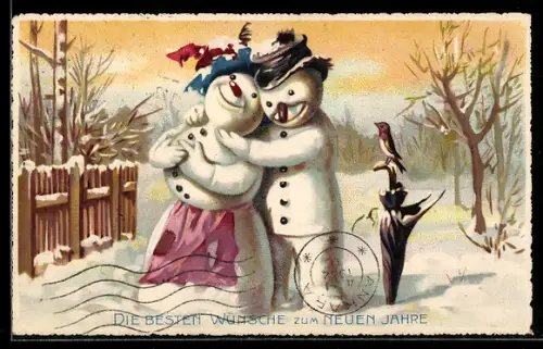 AK Verliebtes Schneemann-Paar steht lächelnd am Gartenzaun, Neujahr