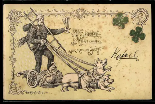 Präge-AK Schornsteinfeger mit Schweinegespann, Klee, Neujahr