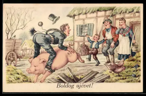 AK Schornsteinfeger auf einem Schwein