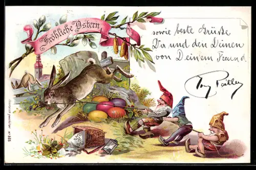 Lithographie Zwerge versuchen einen Osterhase einzufangen