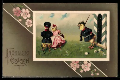 AK Osterküken als Wache mit Pickelhaube und Gewehr