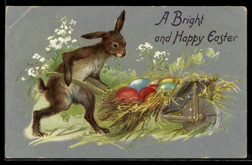 AK Osterhase schiebt einen Karren mit Ostereiern