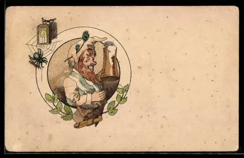 AK Zwerg mit Bierkrug und Spinne
