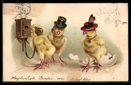 Lithographie Osterküken beim telefonieren