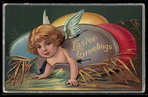 Präge-AK Easter Greetings, Osterengel schlüpft aus buntem Ei