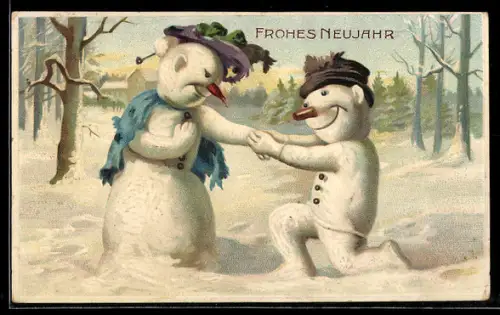 Präge-AK Schneemann kniet vor Schneefrau, Neujahrsgruss