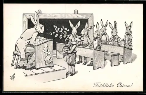 Künstler-AK Osterhasen-Kinder mit Lehrer in der Schule