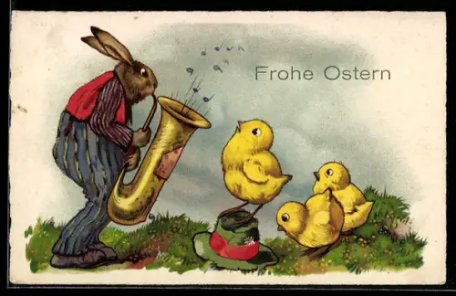 AK Osterhase musiziert für drei Osterküken