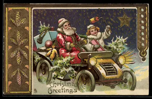 Präge-AK Weihnachtsmann fährt mit einem Auto durch den Schnee
