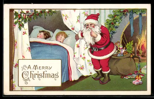 Präge-AK A Merry Christmas, Weihnachtsmann und schlafende Kinder