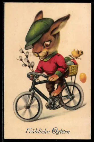 AK Osterhase radelt mit Weidenkätzchen und Ostereiern auf einem Fahrrad